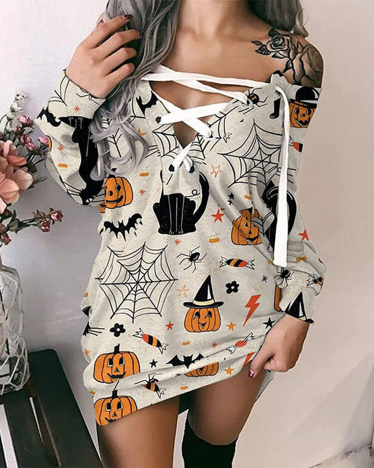 Halloween Graphic Pumpkin Print Eyelet Lace-up Sweatshirt