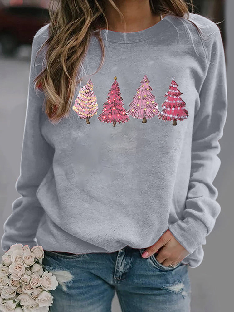 Womens  Crewneck Pink Christmas Tree Winter Sweatshirt
