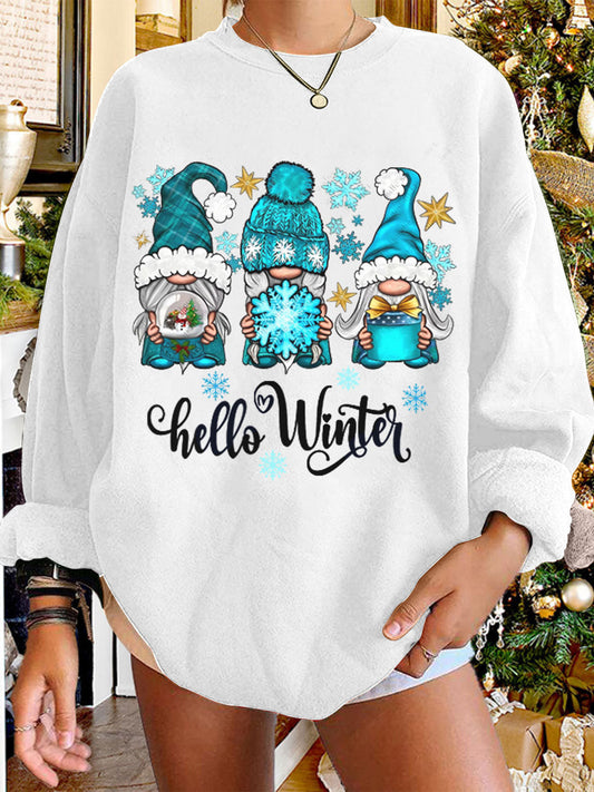 Hello Winter Gnomies Print Crew Neck Sweatshirt