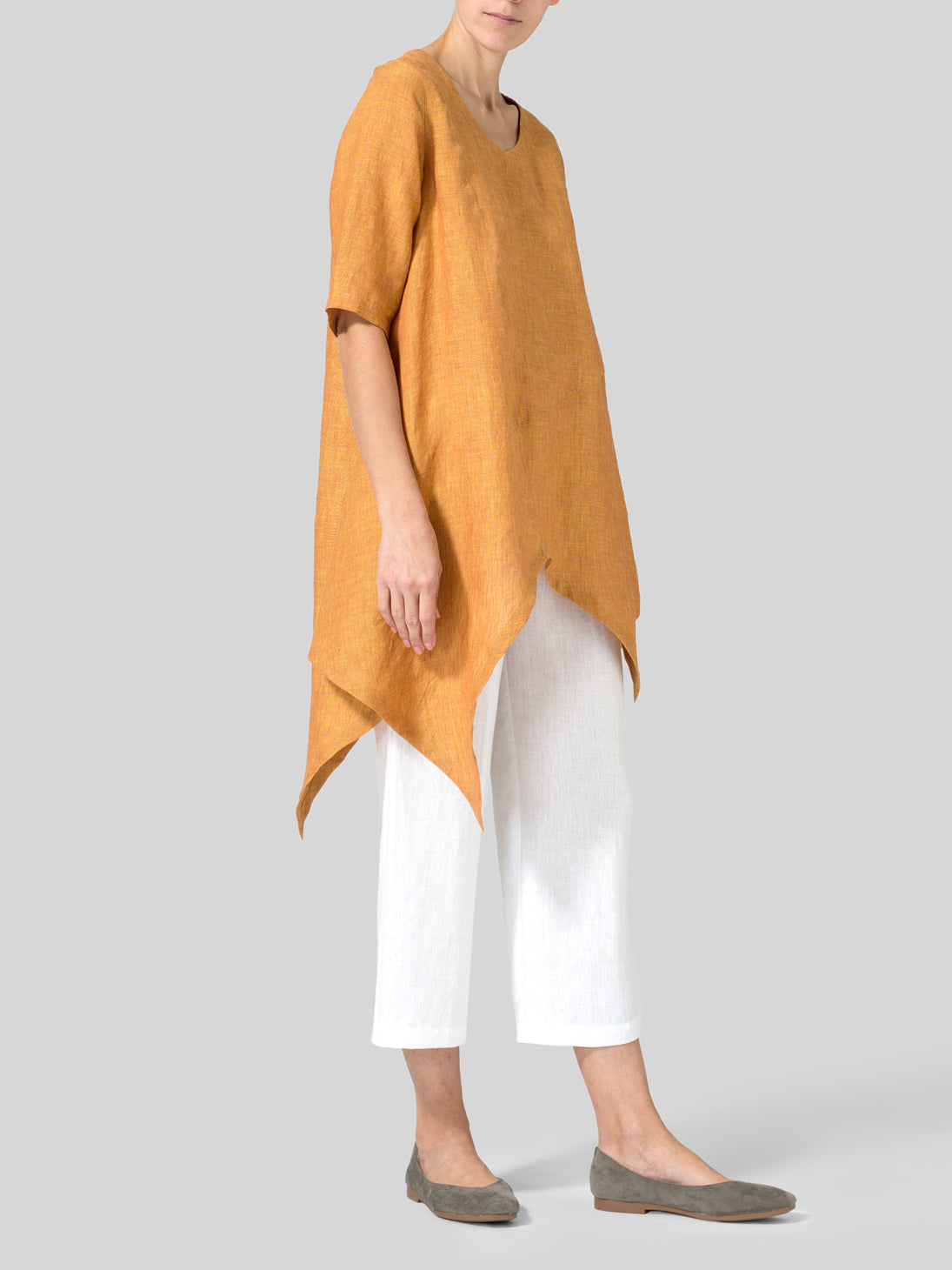 Womens Fashion orange Cotton Linen Asymmetric Long Shirt