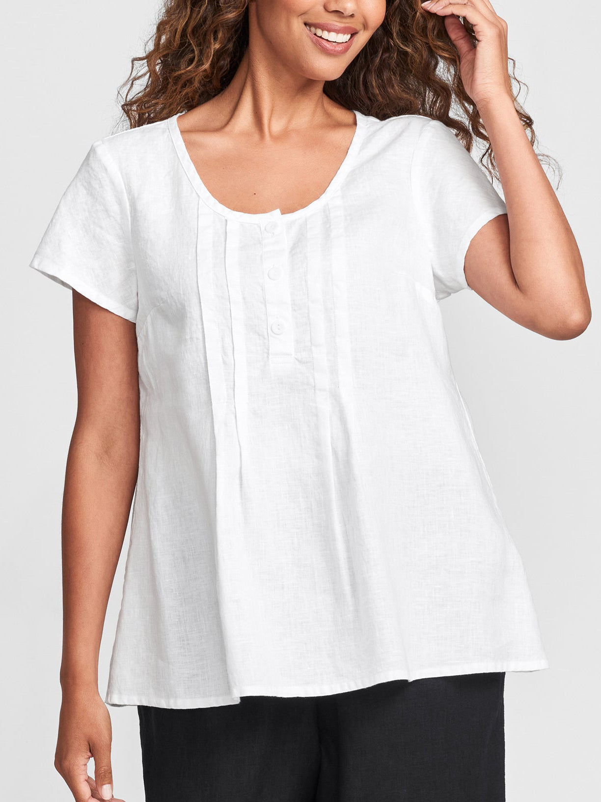 Cotton And Linen Short Sleeve Gathered A-Line Top