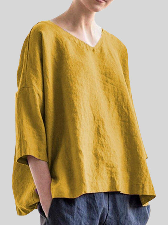Cotton And Linen Mid-Sleeve V-Neck Comfort Top
