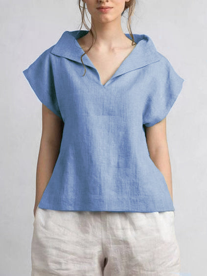 Cotton-Linen V-neck daily classic T-Shirt