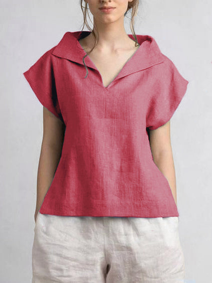 Cotton-Linen V-neck daily classic T-Shirt