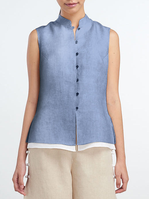 Cotton And Linen Mandarin Collar Sleeveless Double Vest
