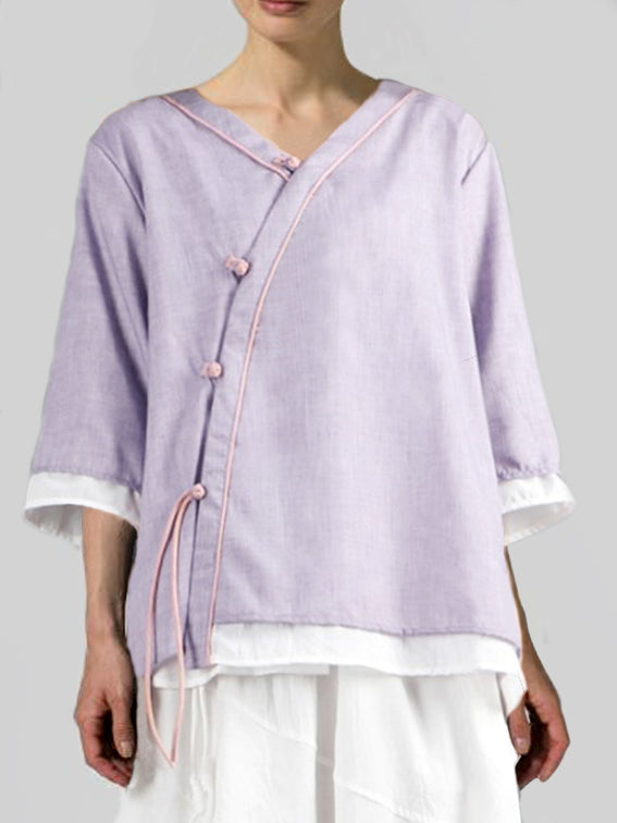 Cotton-Linen Fashion Handmade Button Mid Sleeve Casual Top