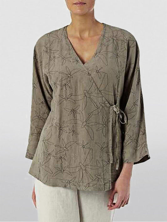 Cotton And Linen Dragonfly Print Rope Lace-Up Top