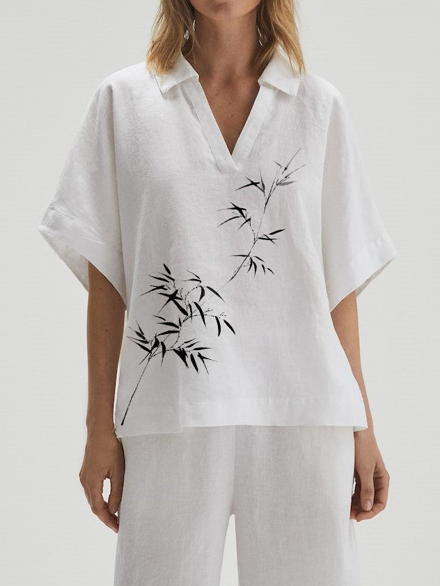 Cotton-Linen Elegant Bamboo Creative Print Casual Fashion V-Neck Short Sleeve Top