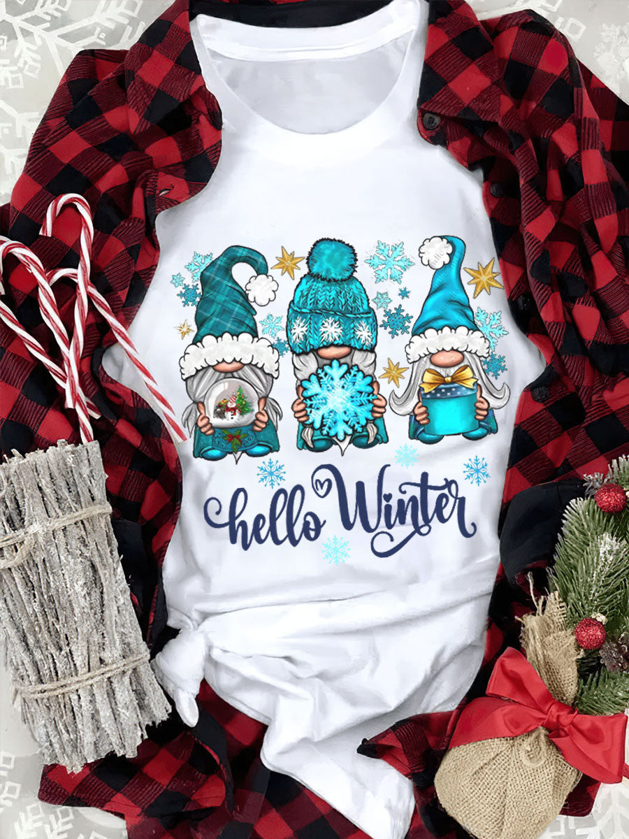 Hello Winter Gnome Print Crew Neck T-Shirt