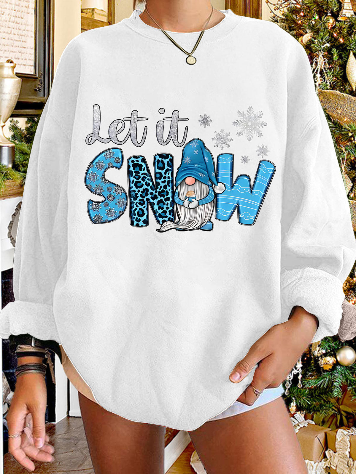 Let It Snow Gnomies Print Crew Neck Sweatshirt