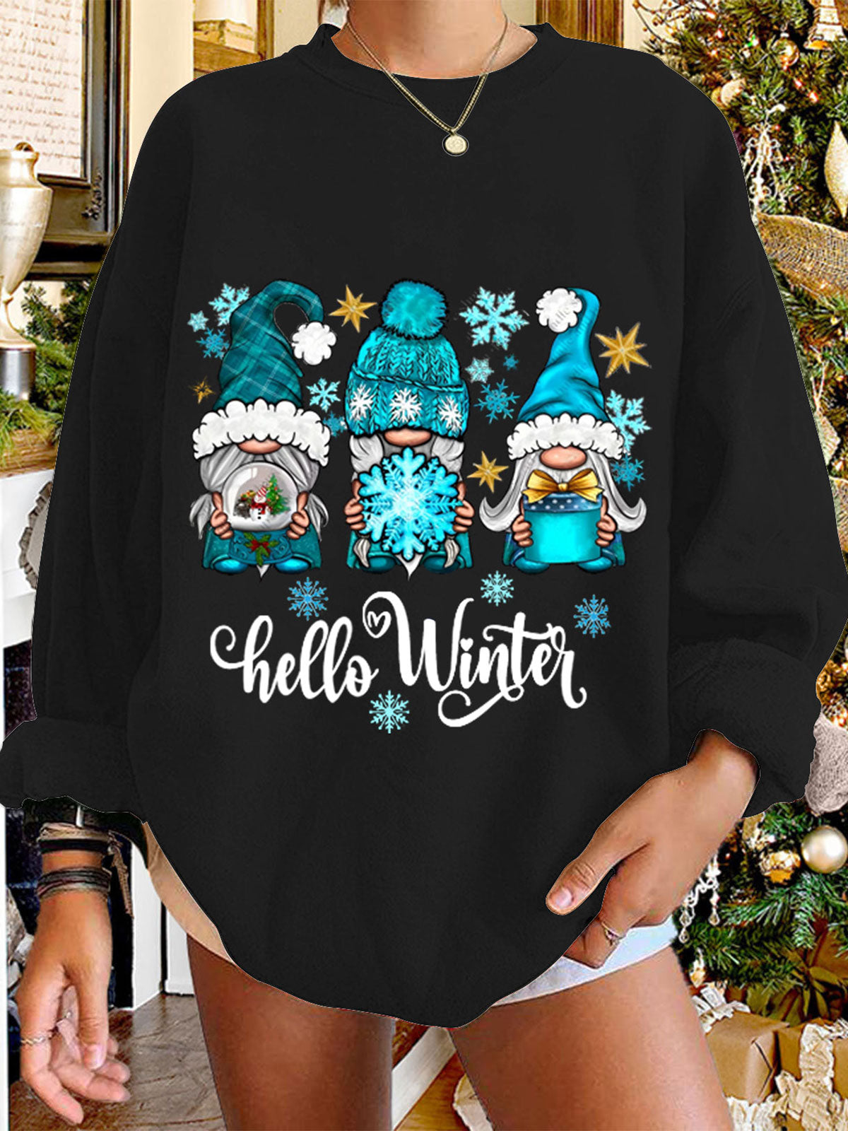 Hello Winter Gnomies Print Crew Neck Sweatshirt