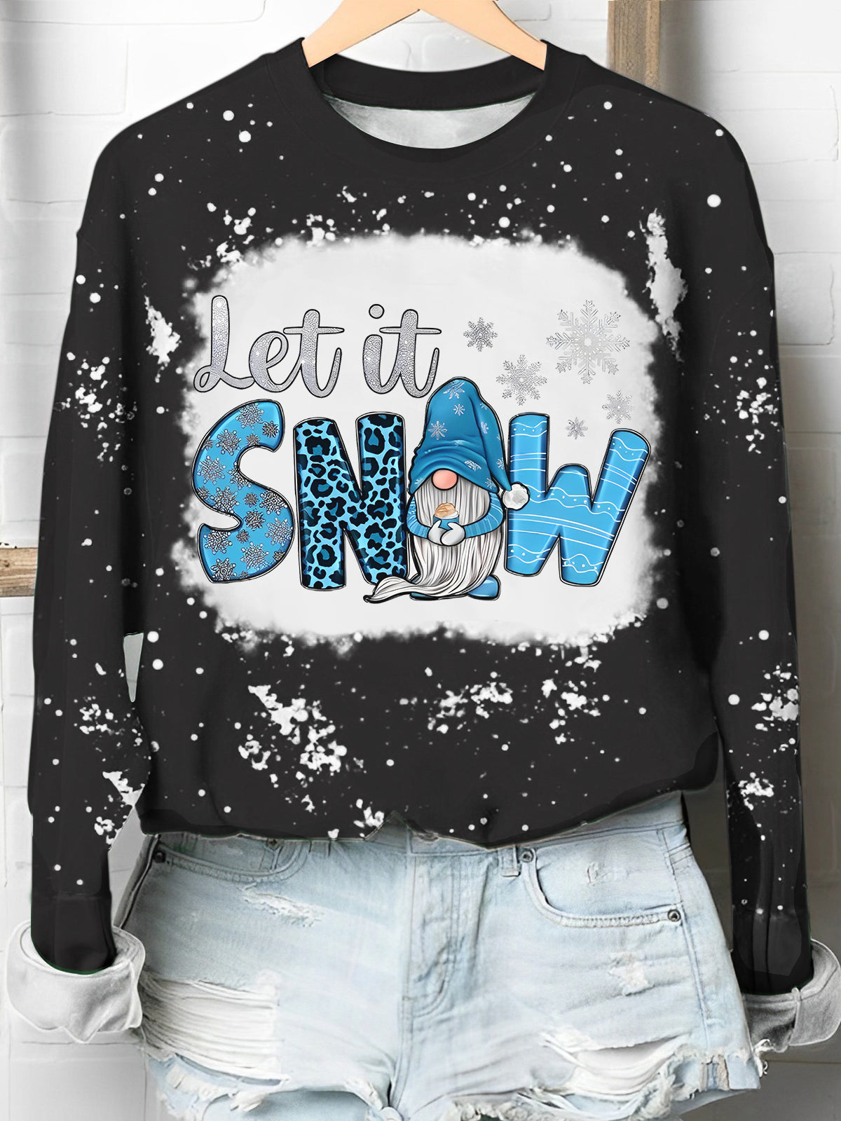 Let It Snow Snowman Bleaching Crew Neck Shirt