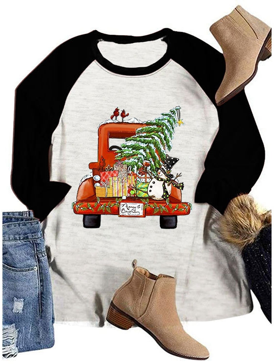 Christmas Tree Snowman Simple Crew Neck T-Shirt