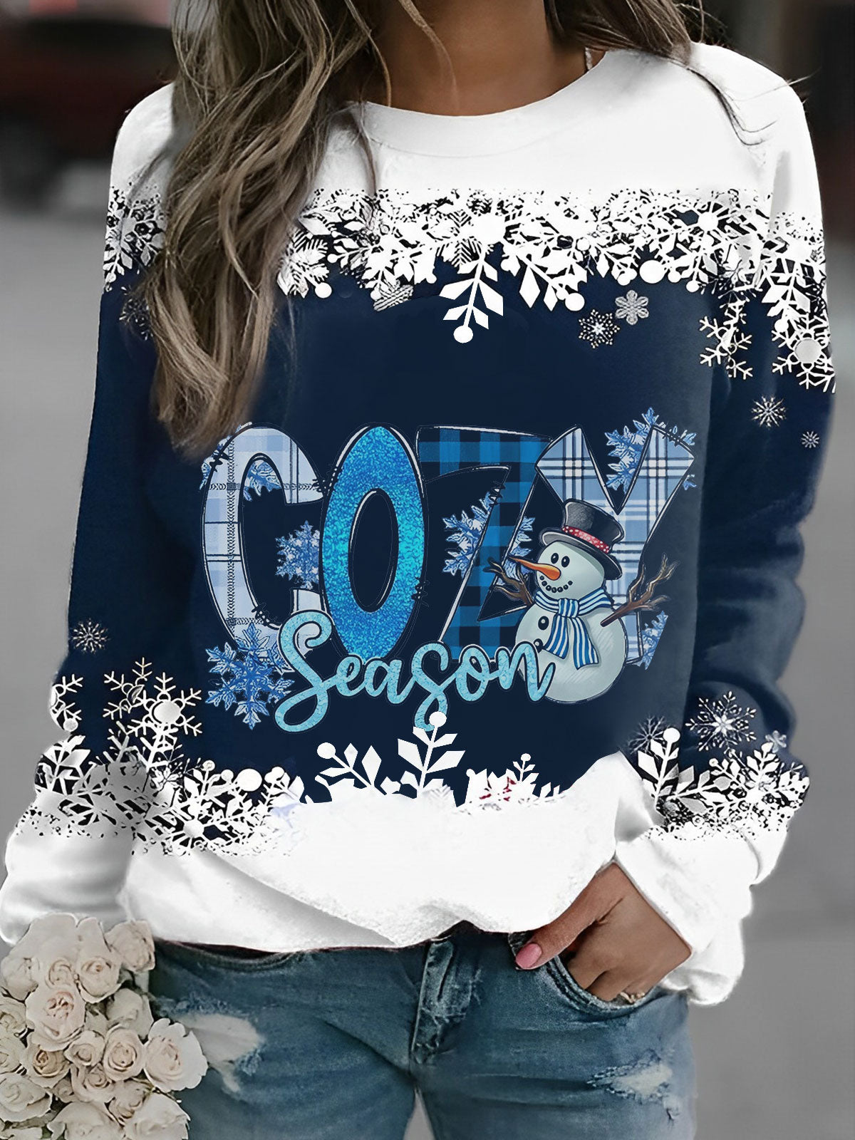 Cozy Season Snowman Print Long Sleeve Sweatshirt