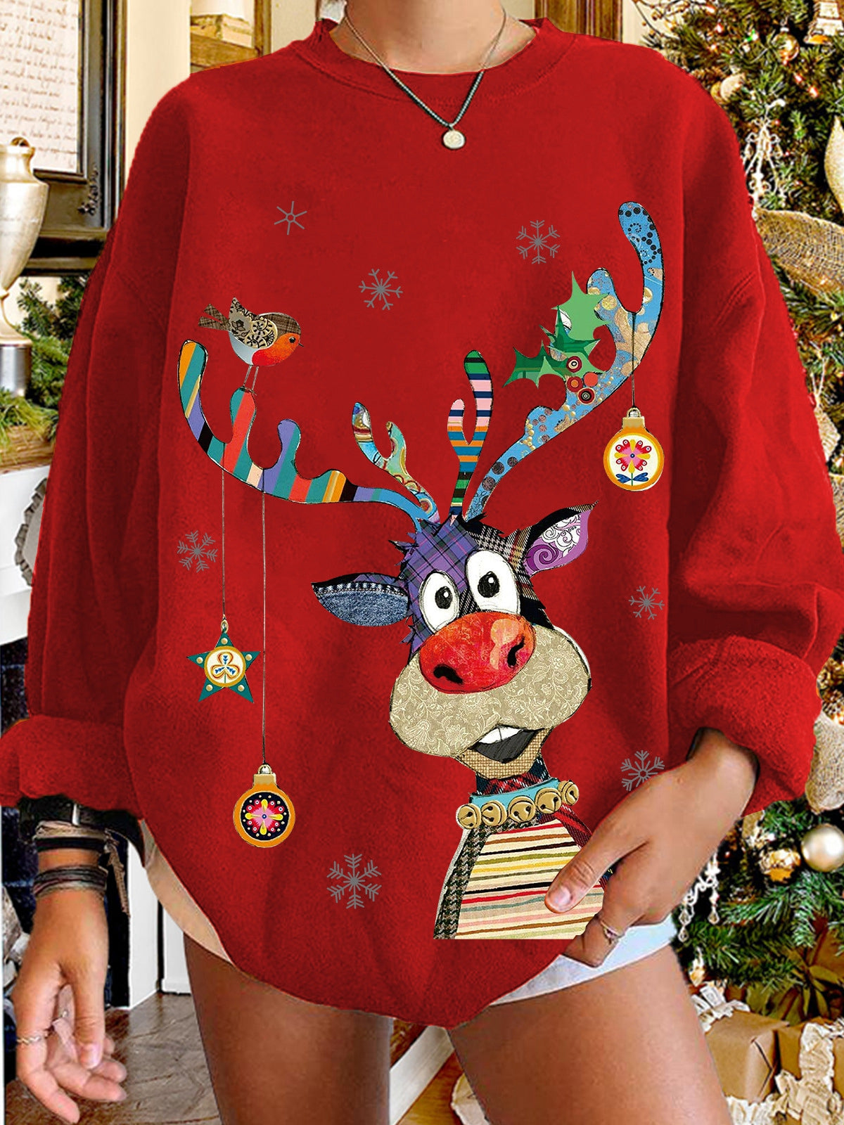 Women Funny Christmas Elk Crew Neck Casual Sweatshirts