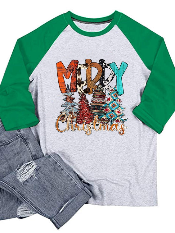 Merry christmas tree print crew neck T-shirt