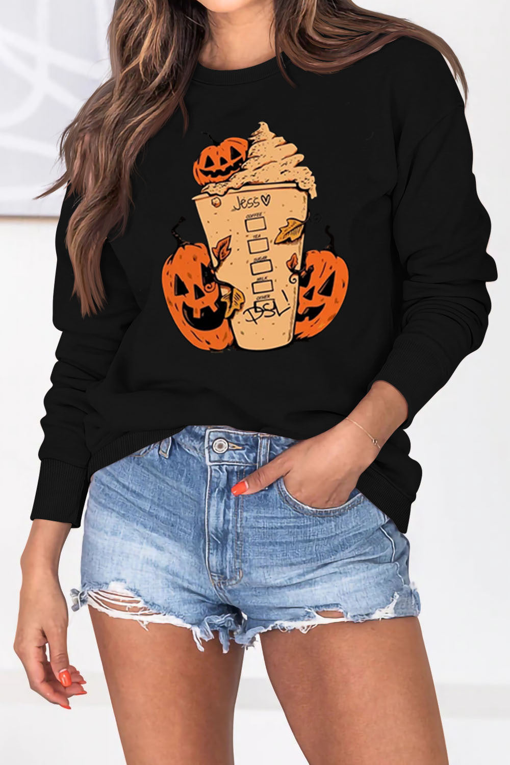 Pumpkin Ice Cream Coffee Letter Print Crew Neck Long Sleeve Sweatshirt