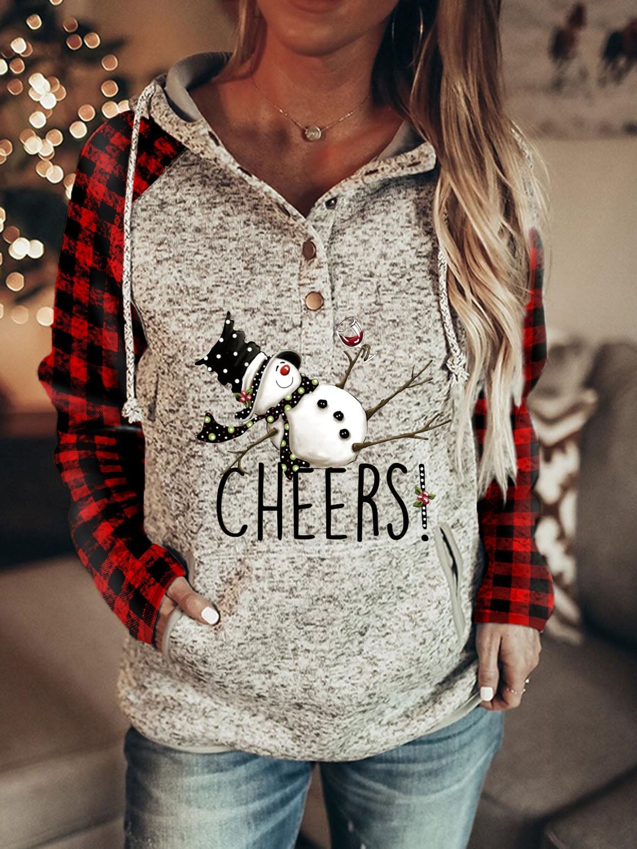 Cheers Christmas Drunk Snowman Print Sweatshirt