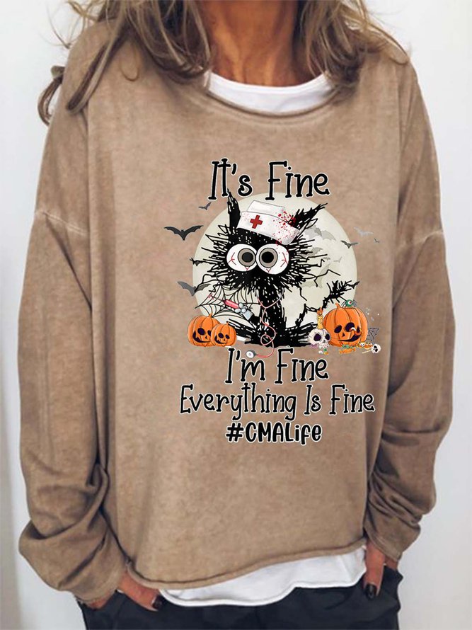Women Black Cat I’m Fine Pumpkin Light Casual Halloween Loose Sweatshirts