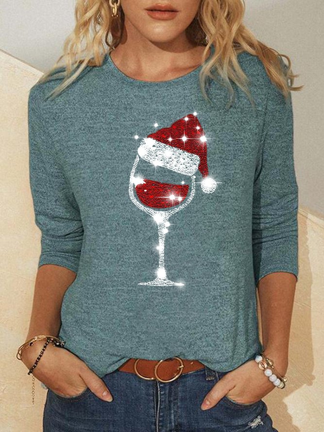 Merry Christmas wine glass Loosen Casual Tops