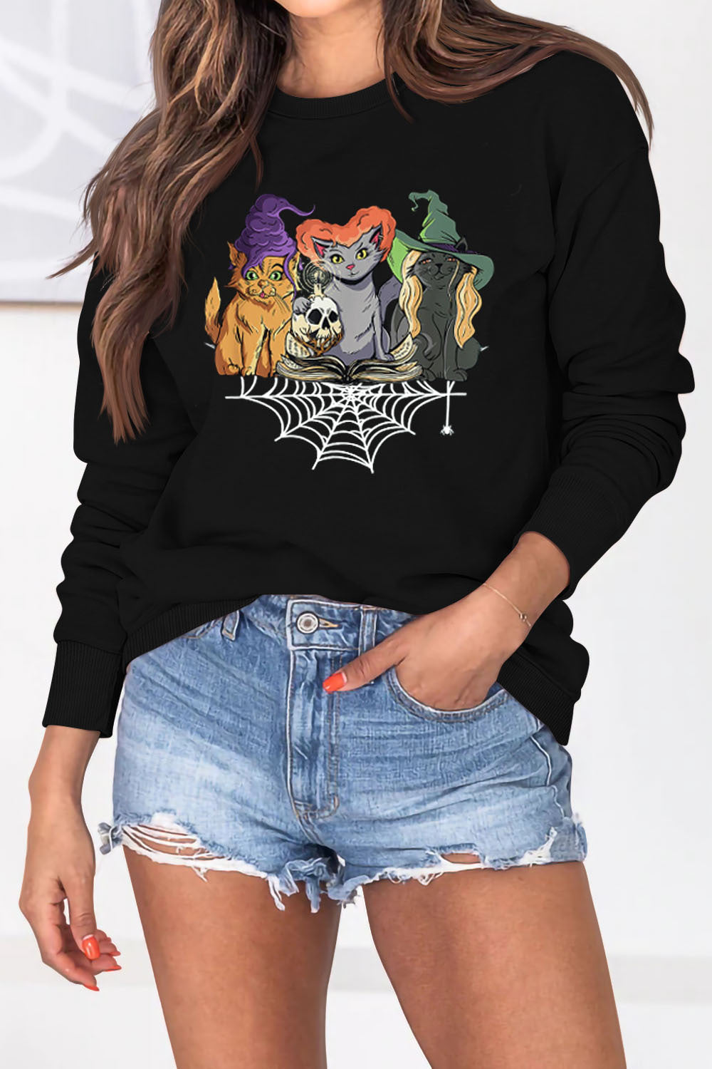Cat Skull Print Loose Long Sleeve Sweatshirt