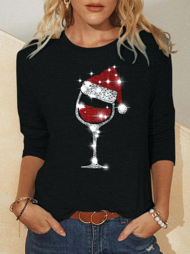 Merry Christmas wine glass Loosen Casual Tops
