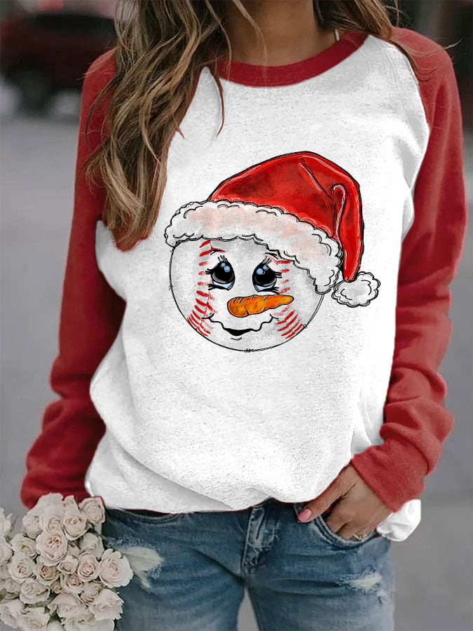 Women's Christmas Baseball Snowman Print Casual Sweatshirt