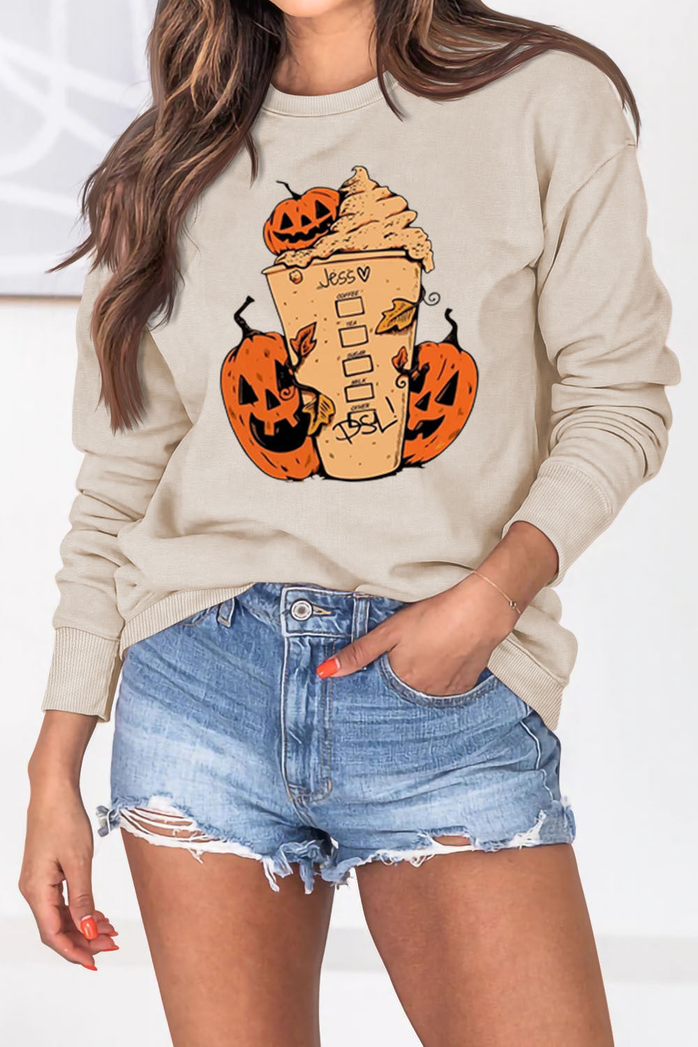 Pumpkin Ice Cream Coffee Letter Print Crew Neck Long Sleeve Sweatshirt
