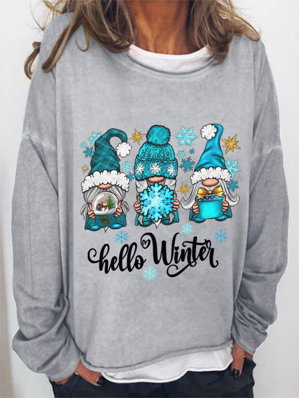 Hello Winter Gnome Print Crew Neck Shirt