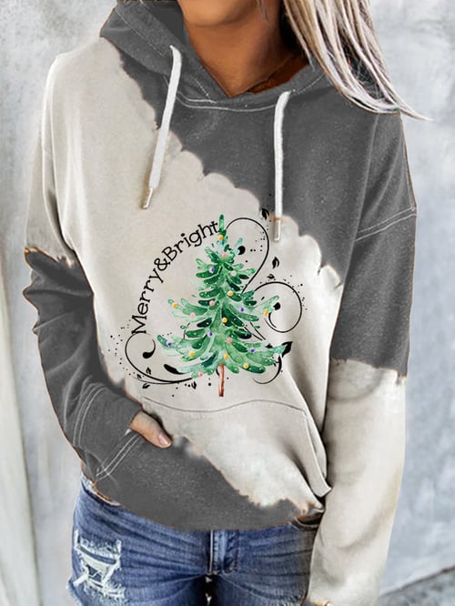 Women's Merry And Bright Christmas Tree Print Casual Hoodie