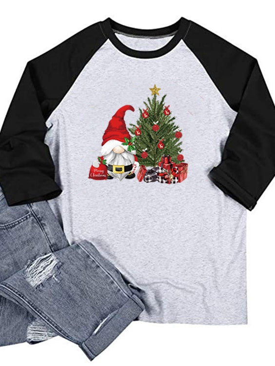 Santa's Christmas Tree Print Colorblock Crewneck T-Shirt