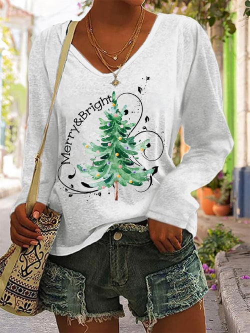 Women's Merry And Bright Christmas Tree Long-Sleeve T-Shirt