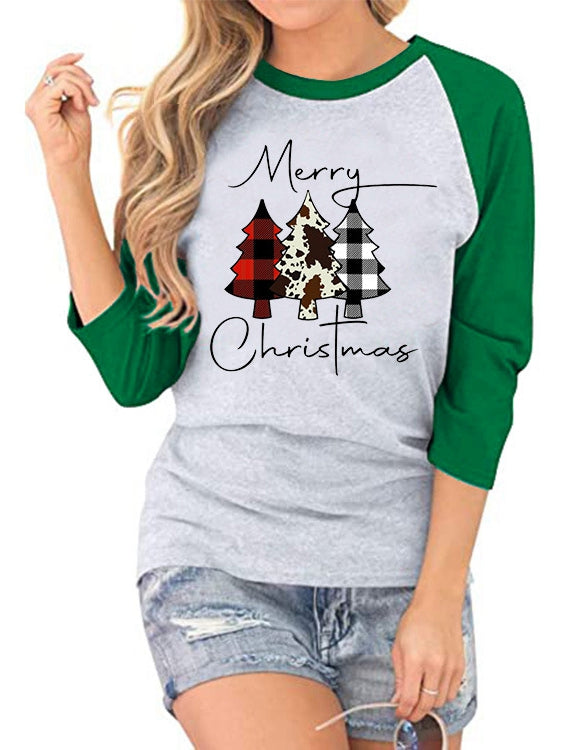 Merry Christmas Tree Print Crew Neck T-Shirt