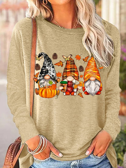 Women Halloween Gnome Fall Leaves Casual Crew Neck Tops
