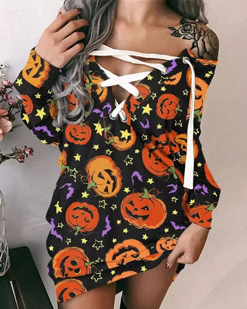 Halloween Pumpkin Print Lace-up Sweatshirt
