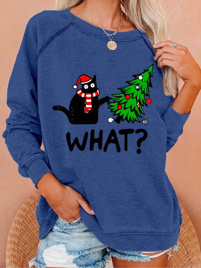 Women Funny Christmas Black Cat What Crew Neck Loose Simple Sweatshirts