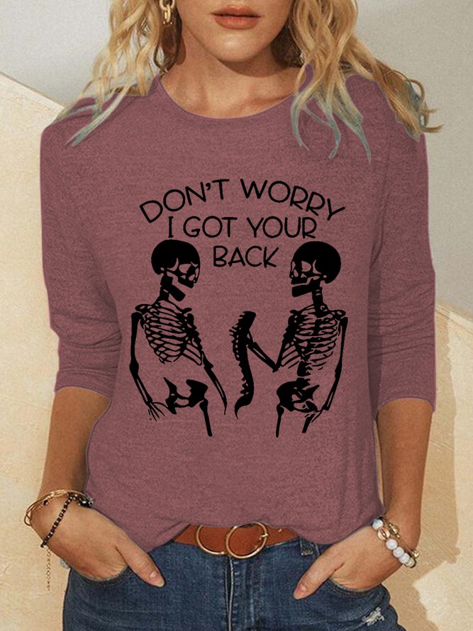 Women Funny Halloween Skull Don‘t Worry I Got Your Back Skeleton Long Sleeve Simple Tops