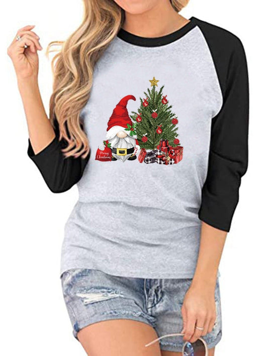 Santa's Christmas Tree Print Colorblock Crewneck T-Shirt