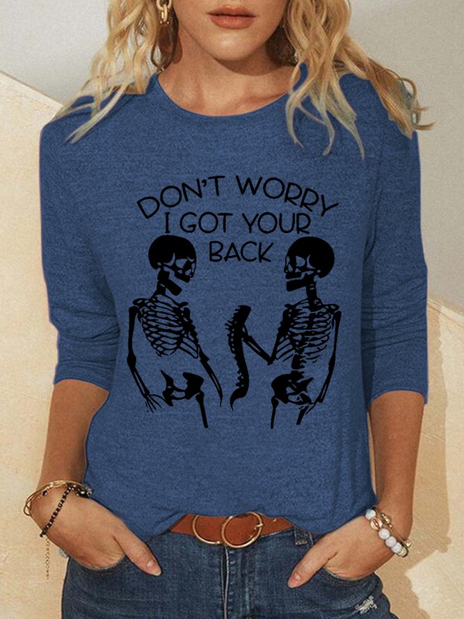 Women Funny Halloween Skull Don‘t Worry I Got Your Back Skeleton Long Sleeve Simple Tops