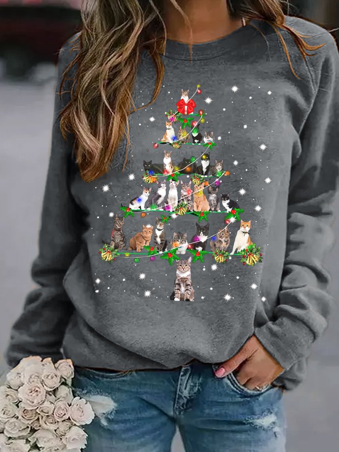 Funny Cats Christmas Tree Casual Sweatshirts Long sleeve Top