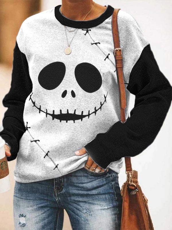 Women's Halloween Funny Skull Emoticon Print Sweatshirt